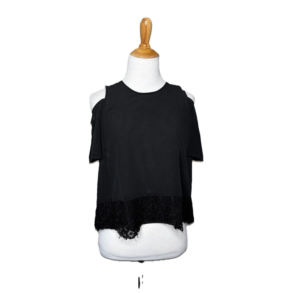 Madewell Lace Edged Silk Cold Shoulder Crop Top Black Blouse Xsmall XS Womens